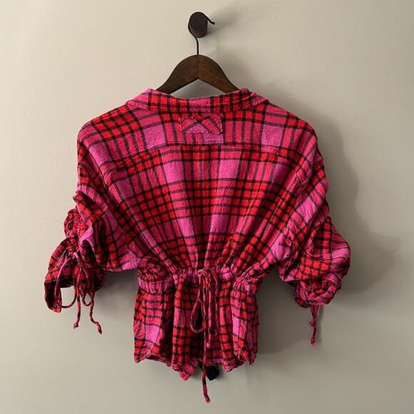 We the Free People Pacific Dawn Plaid Peplum Blouse Size Medium Pink & Red - Picture 9 of 12